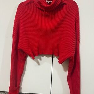 Red Ribbed Cropped Turtleneck Sweater